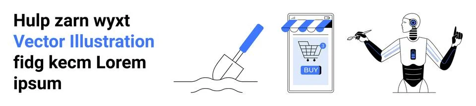 Text elements, construction shovel, shopping app interface, and a robot. Idea Stock Illustration