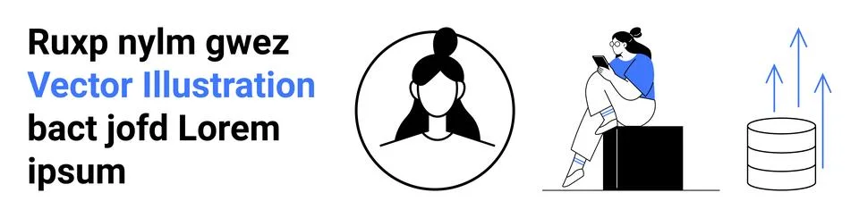 Text elements, female avatar in a circle, woman sitting on a box reading a bo イラスト素材