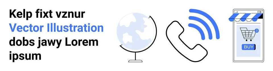 Text elements, globe illustration, phone receiver with connection signal, and Stock Illustration