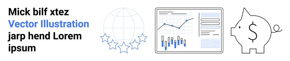 Text elements, graphical globe with stars, analytics dashboard, graph, and pi Stock Illustration