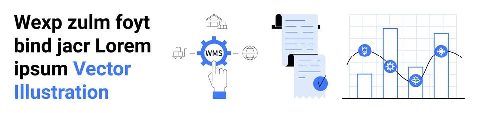 Text elements, hand interacting with WMS gear, documents with checkmark, bar  Stock Illustration