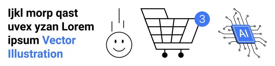 Text elements, happy face, shopping cart with notification badge, and AI micr Stock Illustration