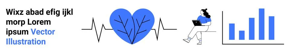 Text elements, heartbeat line with heart, person using laptop, bar chart. Ide Stockillustratie