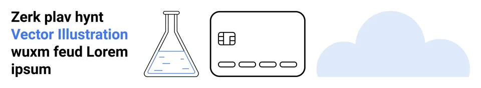 Text elements, laboratory flask with liquid, credit card with chip, and a clo Illustrazione stock