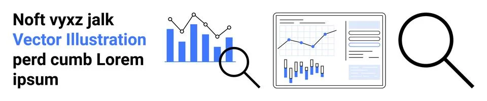Text elements, magnifying glass, bar and line graphs, document in frame with  Stock Illustration