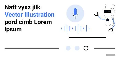 Text elements, microphone icon with sound waves, friendly robot mascot. Ideal Illustrazione stock