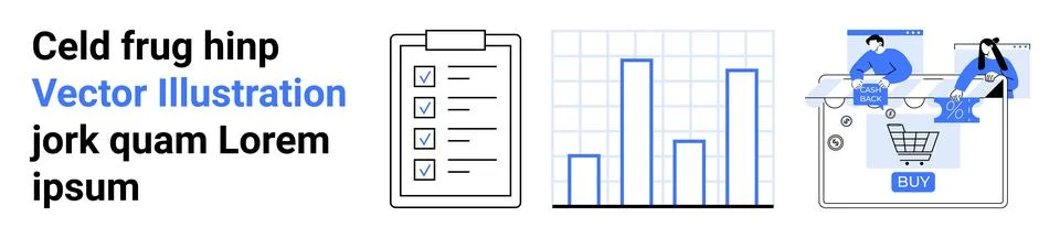Text elements next to graphics including checklist on clipboard, bar chart, a Stock Illustration
