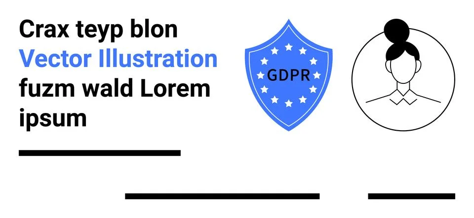 Text elements with placeholder content, blue GDPR shield with stars, minimali Stockillustratie