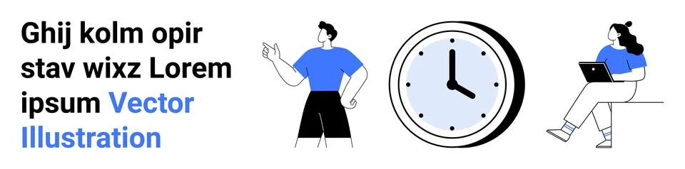 Text elements, two characters, and a clock symbolize time management, product Stock Illustration