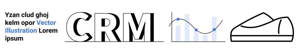 Text elements in various fonts, CRM letters in bold, line graph with data poi Stock Illustration