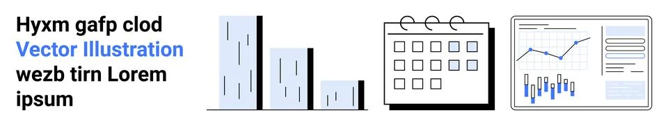 Text elements, vertical bar chart, calendar, and data analysis chart. Ideal f Stock Illustration