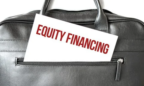 Text equity financing writing on white paper sheet in the black business bag. Stock Photos