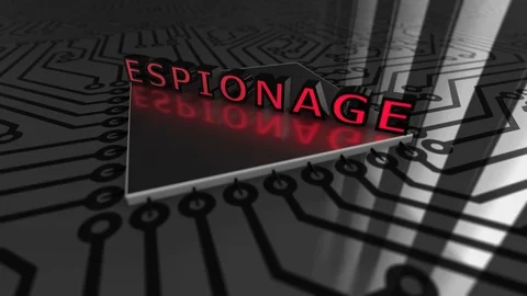 Text “Espionage” landing on a circuit board loop 4K Video stock 86515236