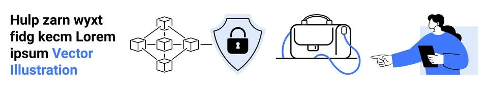 Text with example heading, connected nodes diagram, shield with lock for data Stock Illustration