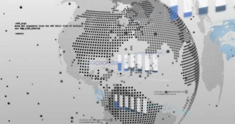 Text fading in starting globe rotating with drifting particles and bars growing Stock Footage 319800864
