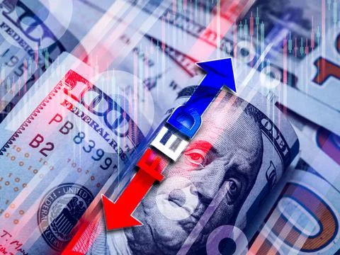 Text "FED" with up and down arrows, percentage icon and stock chart overlay.. Stock Photos