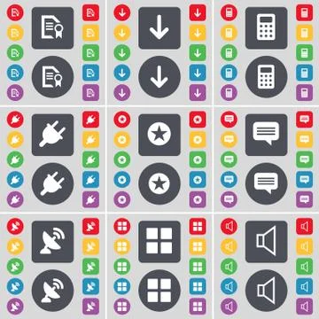 Text file, Arrow down, Calculator, Socket, Star, Chat bubble, Satellite dish, Ap Stock Illustration