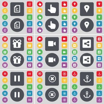 Text file, Hand, Checkpoint, Gift, Film camera, Share, Pause, Stop, Anchor icon Ilustração Stock