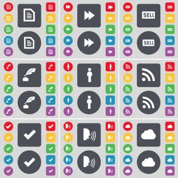 Text file, Rewind, Sell, Ink pot, Silhouette, RSS, Tick, Talk, Cloud icon symbol Stock Illustration