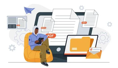 Text files formats. Man with tablet in his hands sits near computer with Stock Illustration