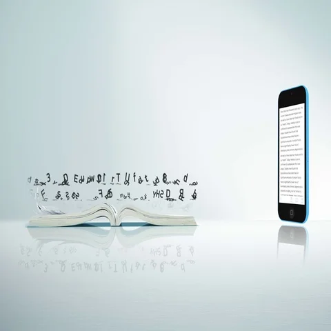 Text flows from a book page to a phone. Digital Smartphone E-book concept. Stock Footage 69416977