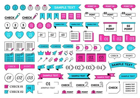 Text frames. Title design icons, check point box or ribbon, bullet and number Stock Illustration