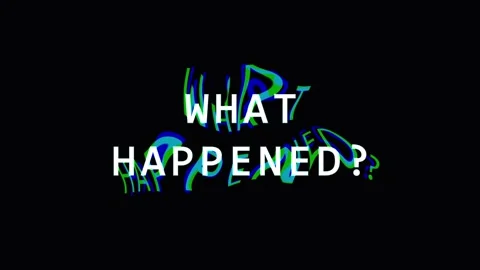 Text glitch effect revealing WHAT HAPPENED question against dark background.. Video stock 344032361