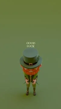 Text "Good Luck" floating above a leprechaun with a green hat on a solid gr.. Illustrazione stock
