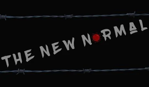 Text graphic reading "THE NEW NORMAL" bordered by strands of barbed wire Stock Illustration