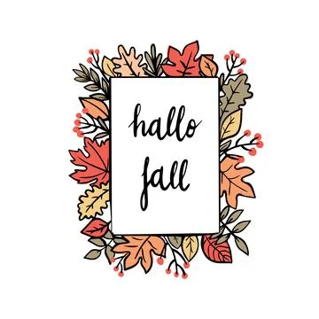 Text hallo fall and leaves. Hand drawn vector illustration for autumn design. Stock Illustration