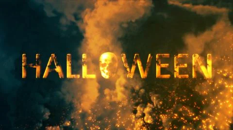 Text halloween with human skull on background with fire fire and smoke Stock Illustration
