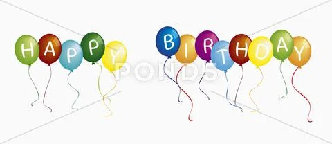 Text happy birthday on colorful balloons against white background Stock Illustration