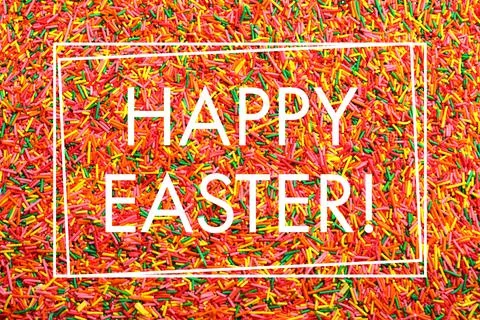 Text Happy Easter and bright colorful sprinkles as background, top view. Conf Stock Photos
