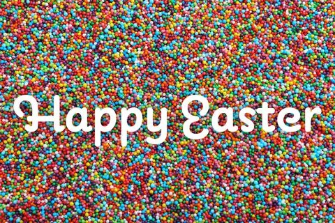 Text Happy Easter and bright colorful sprinkles as background, top view. Conf Stock Photos