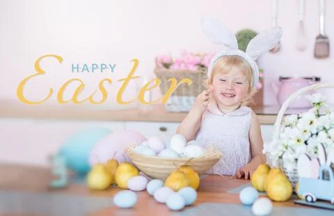 Text Happy Easter. Easter at home. little girl with bunny ears. Kid hunts for Stock Photos