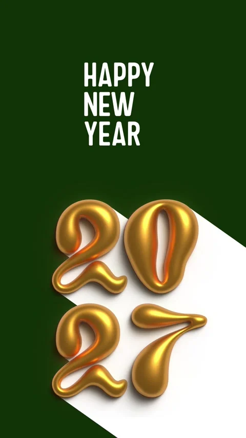 Text Happy New Year and golden 2027 with white long shadow on green Stock Footage 344664898