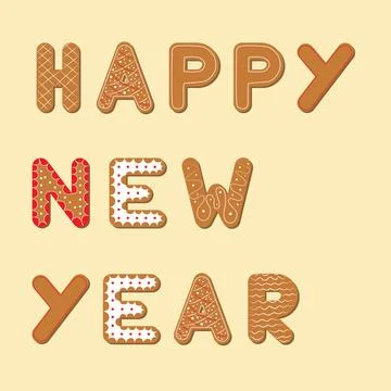 Text Happy New Year from cookie. Letters from ginger cookie Vector Stock Illustration