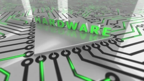 Text “Hardware” landing on a circuit board loop 4K Stock Footage 86350819