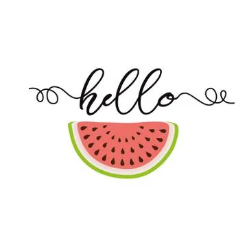 Text Hello Hand drawn cute summer watermelon Welcome greeting card template b Stock-Illustration