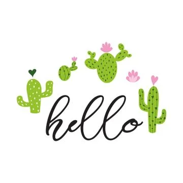 Text Hello Hand drawn cute cactus heart Love Cacti, Cute greeting card templa Stock-Illustration