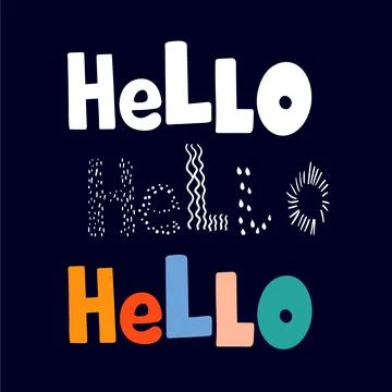 Text Hello is made in multicolored letters, white and texture on black Stock Illustration
