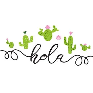 Text Hello in Spanish Hand drawn cute cactus heart Love Cacti, Cute greeting  Stock Illustration