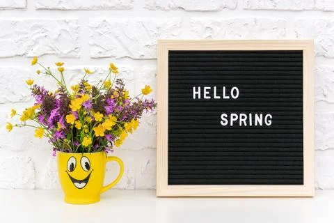 Text Hello Spring on black letter board and bouquet of colored flowers in fun Stock Photos