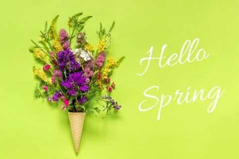 Text Hello Spring Bouquet field colored flowers in waffle ice cream cone on g Foto stock