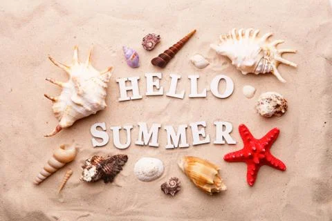 Text Hello Summer from white letters and sea shells and starfish on sand Foto stock