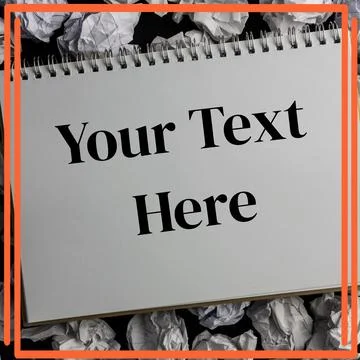 Text holding space on blank notebook page and orange frame over scrunched up Stockfoto's