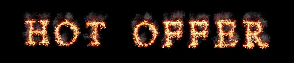 Text hot offer burning with fire and smoke, digital art isolated on black Stock Illustration