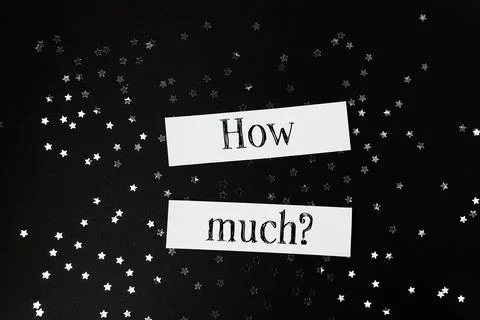Text How much on black background with stars Foto stock