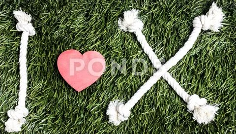 Text: I love X made from ropes on grass background. Stock Photos
