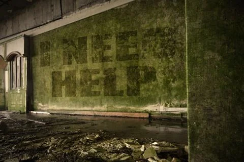 Text i need help on the dirty wall in an abandoned ruined house Stock Photos